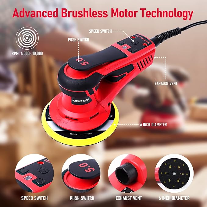 Electric Random Orbital Sander, PioneerWorks Brushless Motor, Powerful 350W & Low Vibration Palm Sander,10000 RPM Variable Speed,6-Inch Pads For Woodworking, Polishing, Sanding, Carpentry
