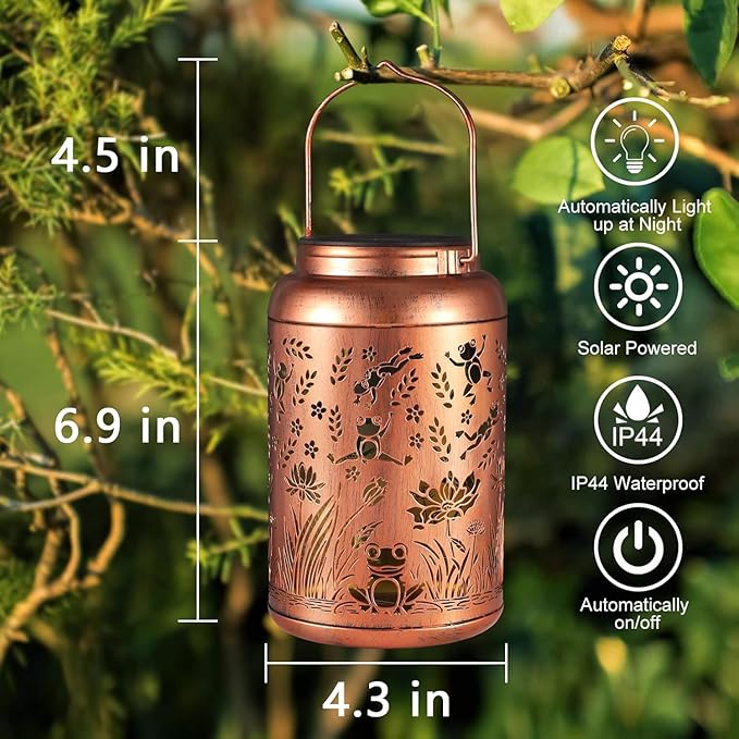 2 Pack Solar Lanterns Outdoor Waterproof, Frog Garden Decor Gifts for Women Mom Grandma Hanging Solar Lights Metal Solar Decoration Outside for Yard, Patio, Lawn, Pathway