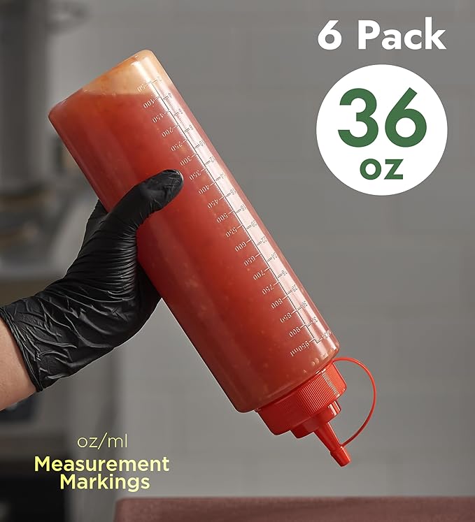 CURTA 6-Pack 36 oz Clear Squeeze Bottle with Cap, BPA-Free Easy-to-Squeeze Plastic Condiment Dispenser with oz & ml Markings for Sauce, Oil, Dressing, Dishwasher Safe, Red