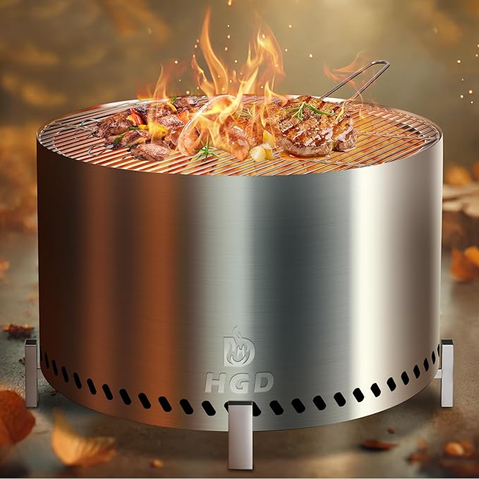 HGD 27.8" Smokeless Fire Pit Stove with Stand & Grill Rack, Large Stainless Steel Wood Burning Firepit for Outdoor Backyard Patio Garden BBQ Party