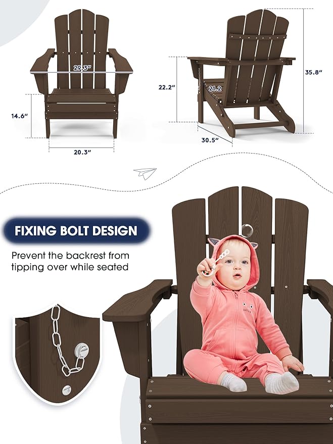 KINGYES Folding Adirondack Chair Set of 4, HDPE All-Weather Folding Adirondack Chair, Coffee