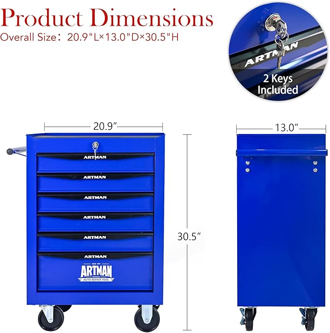 6 Drawers Tool Cart on Wheels, Multifunctional Rolling Tool Box, Drawers Rolling Trolley Organizer Tool Storage Chest for Warehouse,Garage,Workshop,Repair Shop (6 Drawers-30.5" H)