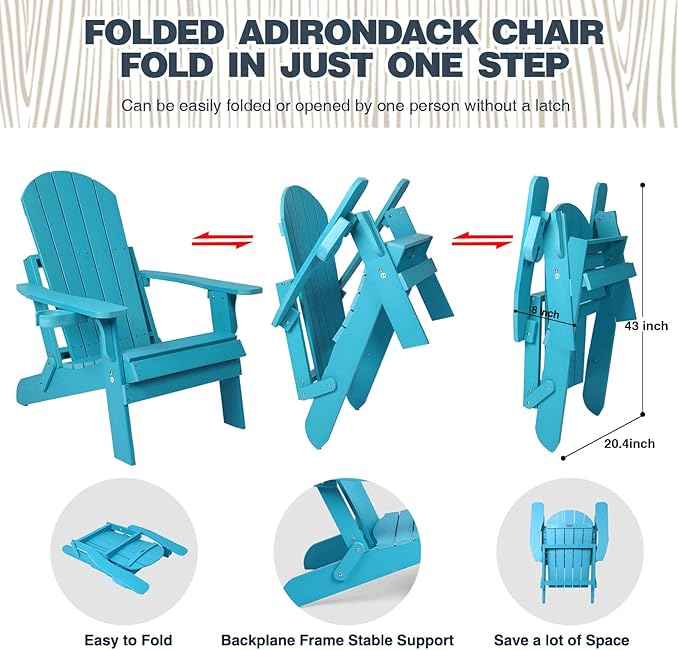 Folding Adirondack Chair, All Weather Resistant Plastic Chairs with Cup Holder, Fold or Unfold Easily in 1 Second, Outdoor Chairs for Patio, Garden, Backyard Deck, Lawn Fire Pit(Lake Blue)