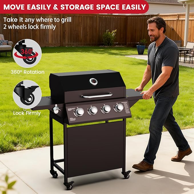 4 Burner Propane Gas Grill with Wheels, 40,000 BTU Output Outdoor BBQ Gas Grill with Side Tables for Backyard,Camping & Outdoor Cooking,Easy Assembly(Black)
