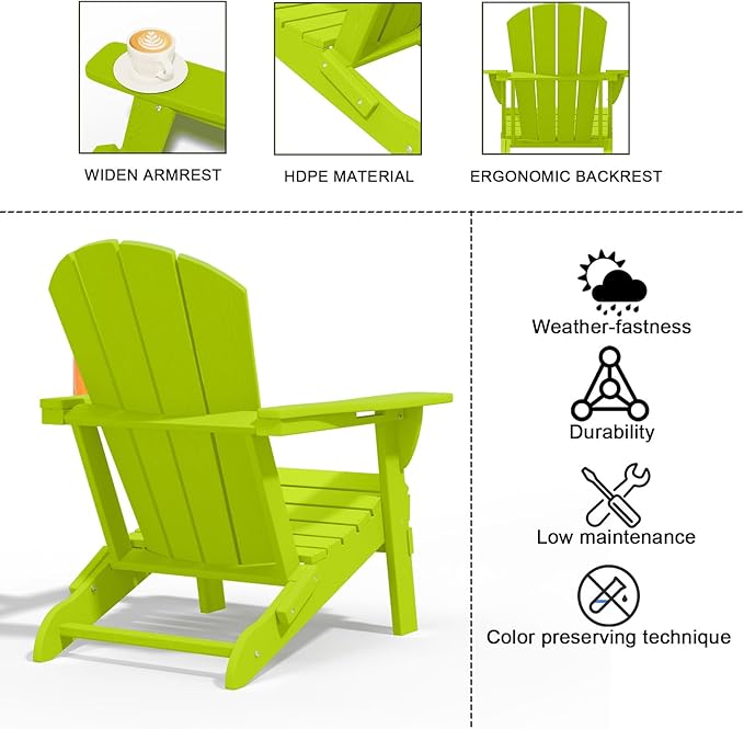 Folding Adirondack Chairs with Cup Holders, Set of 4 HDPE Plastic Outdoor Chairs, Weather Resistant, Real Wood Look, Heavy-Duty Patio Furniture for Deck, Fire Pit, Backyard, Apple Green