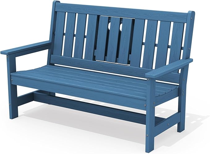 SERWALL Outdoor Bench with Cup Holder, 58" HDPE Garden Park Bench Suitable for 3 Person, All Weather Patio Benches with High Backrest and Wide Armrests for Garden, Park, Yard, Front Porch, Navy