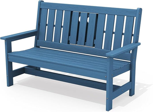 SERWALL Outdoor Bench with Cup Holder, 58" HDPE Garden Park Bench Suitable for 3 Person, All Weather Patio Benches with High Backrest and Wide Armrests for Garden, Park, Yard, Front Porch, Navy