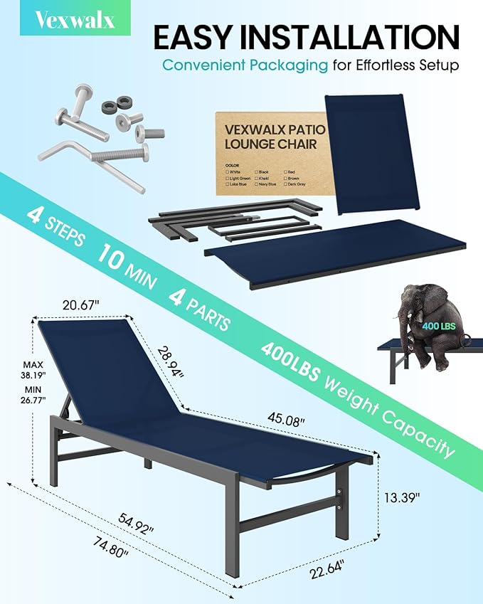 Outdoor Lounge Chairs Set of 2 for Pool, Aluminum Chaise Lounge Chairs with 5-Position Recliner, Patio Lounge Chair for Backyard, Poolside, Deck, Lawn, Navy Blue