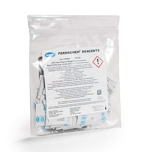 Hach DPD Free Chlorine Reagent Powder Pillows, 10 mL, Pack of 100, USEPA Accepted, Drinking Water and Wastewater Analysis, Boric Acid Free, 0.02-2.00 mg/L Cl₂, 2105569
