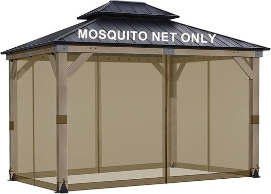 BPS 12' x 14' Gazebo Universal Mosquito Netting Screen Replacement, 4-Panel Screen Walls with Double Zippers for Outdoor Patio, Brown (Mosquito Net Only)
