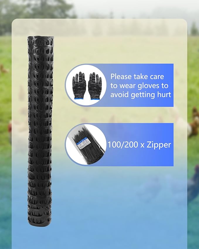 Garden Fence Animal Barrier, Snow Fence Temporary Fence Kit 40 in X 164 Ft, Plastic Safety Fence with 30 45-Inch Steel Stakes and 200 Zipper, Garden Fencing Temporary Fencing for Backyard