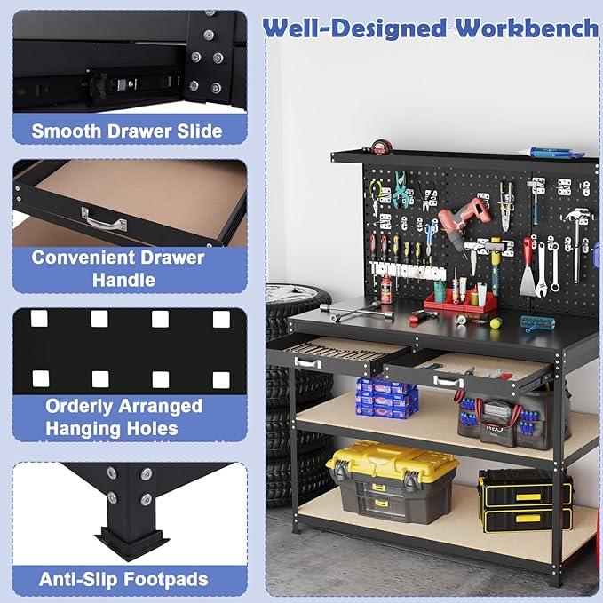 Goplus Workbench with Drawers, 48" x 24" Work Table with Pegboard, Storage, 4 Shelves, 24 Hanging Accessories, 506 LBS Capacity, Heavy-Duty Metal Tool Work Bench for Garage, Workshop