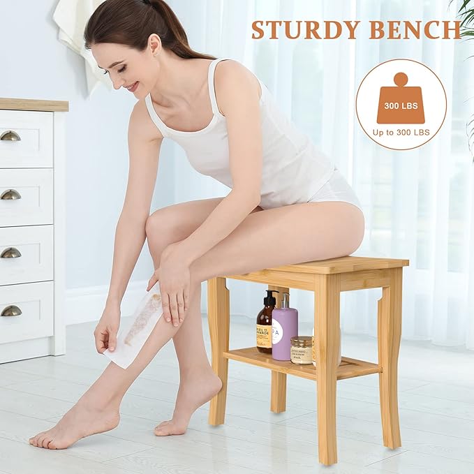 Domax Bamboo Shower Benches for Inside Shower - Bathroom Bench Seat Waterproof Wooden Shower Stool with Storage Shelf for Adults Elderly Seniors Wood Shower Chair for Bathtub or Small Spaces, Natural