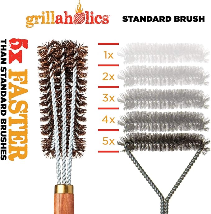 Grillaholics Pro Grill Brush Palmyra - Better Than a Bristle Free Grill Brush Natural Palmyra Bristle Brushes Clean Between The Grates and Season Your Grates