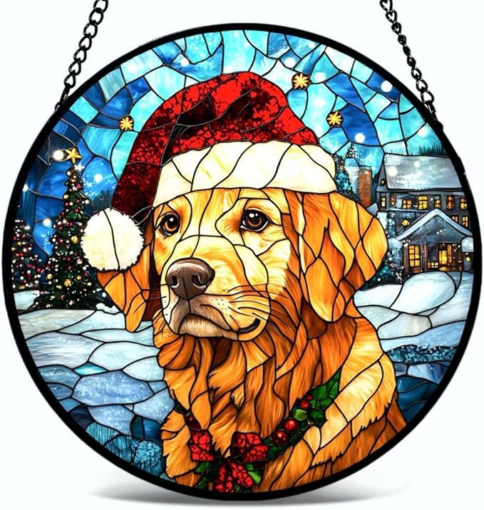 Stained Glass Window Hanging - Christmas Tree and Golden Retriever Suncatcher fof Garden Home Decor for Women Mon Grandma Friends