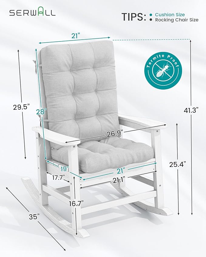 SERWALL Oversized Outdoor Rocking Chair, HDPE Rocker with Cushion, Patio Rocking Chairs for Porch, White Chair+Gray Cushion