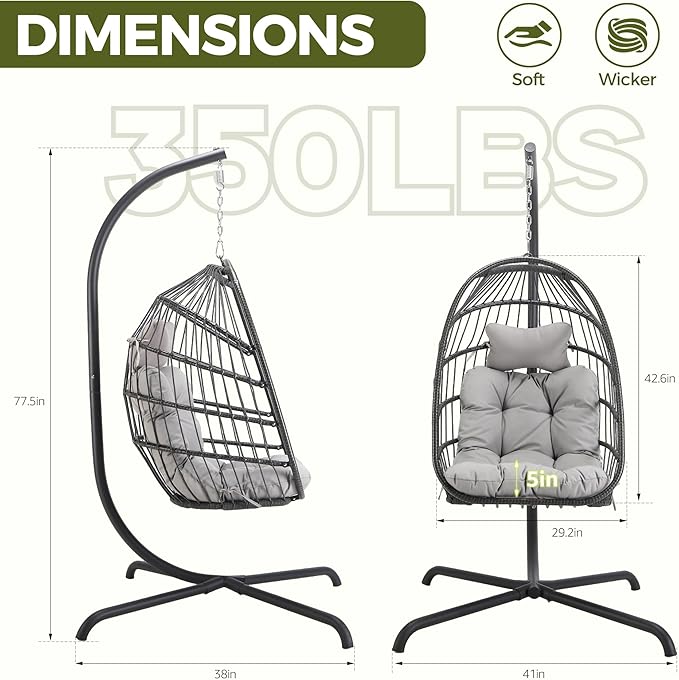RADIATA Outdoor Self-Standing Egg Chair with Stand, 350Lbs Wicker Rattan Hanging Hammock Chair with Comfy Cushion, Single Eggshell Basket Swing Seat for Garden Balcony Bedroom Patio, Light Grey