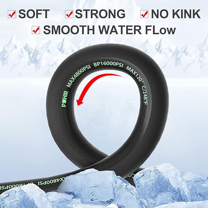 POHIR Pressure Washer Whip Hose 10FT, Reel Connector 248°F Hot/Cold Water Jumper Hose 3/8" with Quick Connect Adapter, Industry Grade Steel Wire Braided & Synthetic Rubber Jacket 4800 PSI