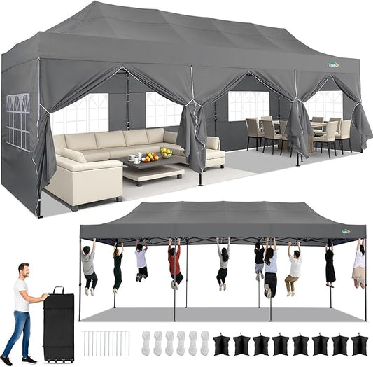 COBIZI 10x30 Pop up Canopy Tent Heavy Duty with 8 Sidewalls, Easy Set-up Commercial Outdoor Party Tent, 100% Waterproof Wedding Gazebo, 3 Height Adjustable with Wheeled Bag,Grey