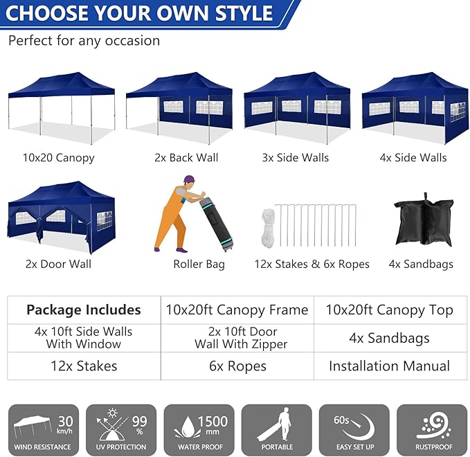 COBIZI 10x20 Pop up Canopy Tent Heavy Duty with 6 Sidewalls, Easy Set-up Commercial Outdoor Party Tent, 100% Waterproof Wedding Gazebo, 3 Height Adjustable with Wheeled Bag, Dark Blue