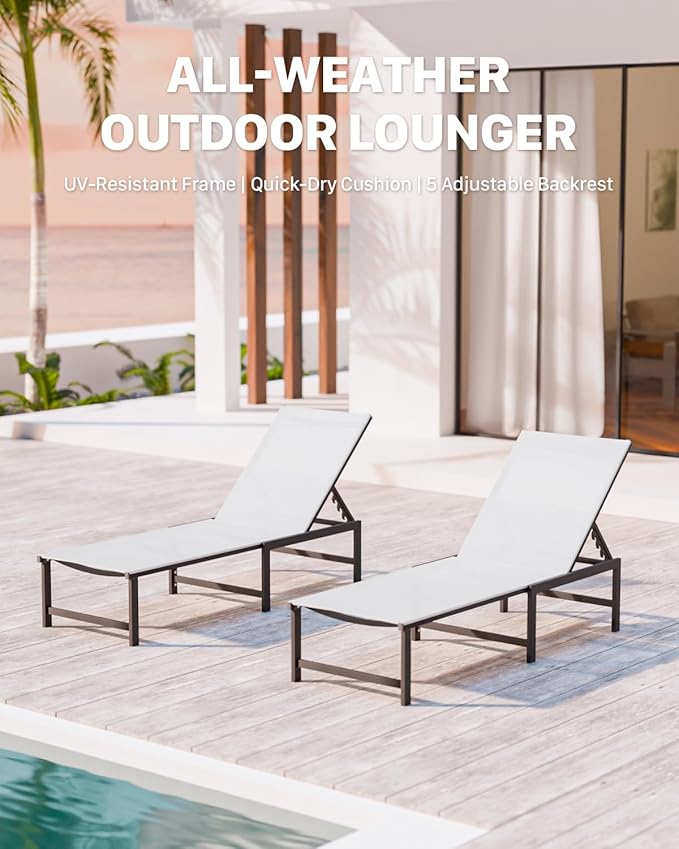 Chaise Lounge Chair Outdoor,Aluminum Patio Lounge Chairs Set of 2,Pool Lounge Chairs with 5 Adjustable Backrest and Headrest Pillows for Outside Beach，White