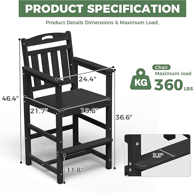 Outdoor Patio Bar Height Chair, All-Weather HDPE Tall Balcony Adirondack Stools for Bistro, Garden, Backyard, Deck | Matte Black