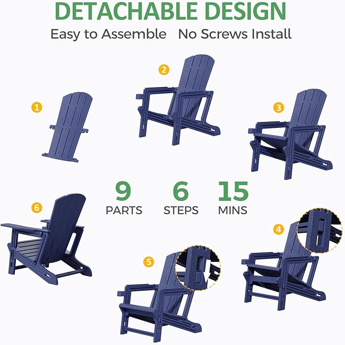 Modern Adirondack Chair, HDPE Plastic Adirondack Chairs, Plastic Outdoor Lawn Chairs for Fire Pit, Deck, Porch, Backyard, Garden, Navy Blue
