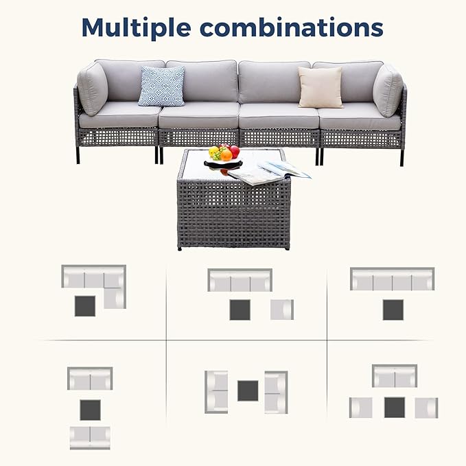 3-Piece Outdoor Modular Patio Set with 2 Armless Rattan Chairs and Glass Table, Gray PE Wicker Sectional Seating with Cushions for Balcony, Garden, Deck, Porch