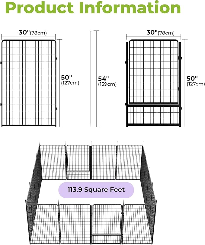SunsGrove Tall Garden Fence with Gate, 50 in(H) x 40.9 ft(L) 16 Panels Heavy Duty Metal Animal Barrier Fence for Yard, Suitable for Indoor or Outdoor Dog Pet Fence, Garden Fence Border, Black