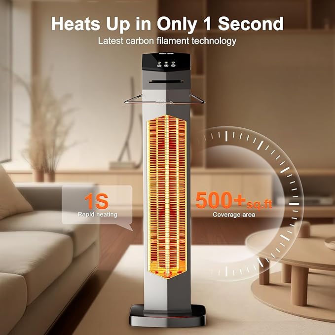 AKIRES Outdoor Electric Patio Heater,37IN 1500W Infrared Tower Heater with Instant Heating,Tip-Over & Overheat Protection,IP54 Waterproof Space Heater For Patio Garage Indoor & Outdoor Use,Silver