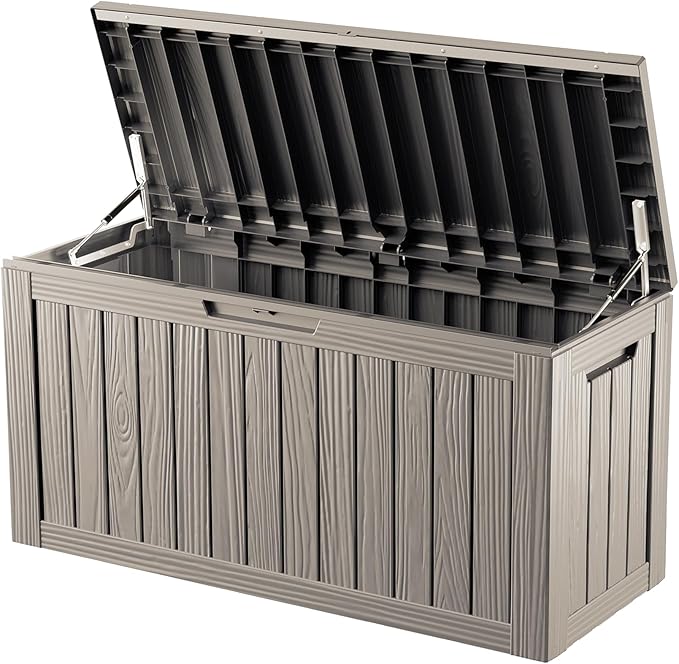 Mersco 80 Gallon Double-Wall Resin Deck Box - Lockable Waterproof Outdoor Storage Box, 515lbs Capacity & Doubles as Seating for Patio Furniture - Garden Tools, Pool Accessories (Grey)
