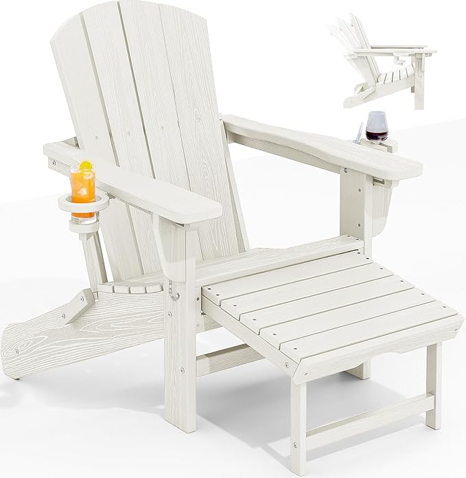 KINGYES Folding Adjustable Adirondack Chair with Ottoman & 2 Cup Holders, HDEP Multifunctional Adirondack Chair with Footrest, White