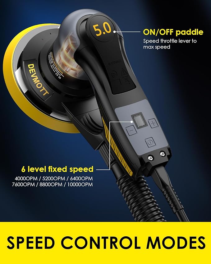 Random Orbital Sanders 5.0mm, 360W Brushless Motor Electric Orbital Sander with 150mm/6IN Backing Plate, 6 Variable Speed to 10000RPM, Hand Sander for Wood Sanding