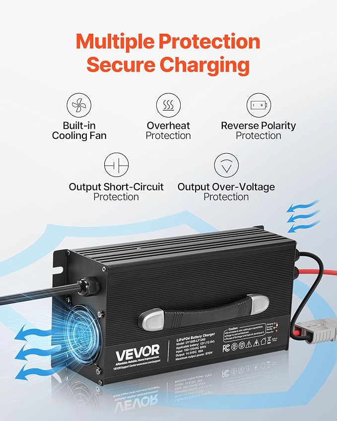 VEVOR 12V 60A Lithium Battery Charger, 14.6V, AC-DC LiFePO4 Smart Charger, with Anderson Connector, LED Indicator, 0V Activation, for Lithium LiFePO4 Deep Cycle Rechargeable Batteries of Boat, RV