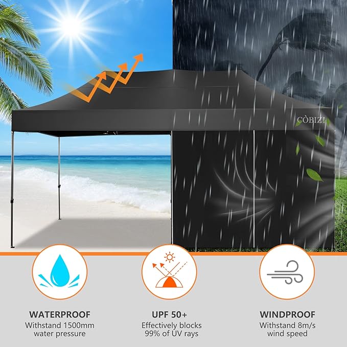 COBIZI 10x20 Heavy Duty Pop up Canopy with 6 Sidewalls, Easy Set-up Commercial Outdoor Party Tent, 100% Waterproof Tent for Parties Weddings Events, Gazebo with Wheeled Bag, Black
