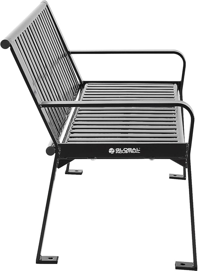 Global Industrial 4 ft. Outdoor Park Bench with Back, Vertical Steel Slat Construction, 600 lbs Capacity, Black, Unassembled, Heavy Duty Commercial Bench