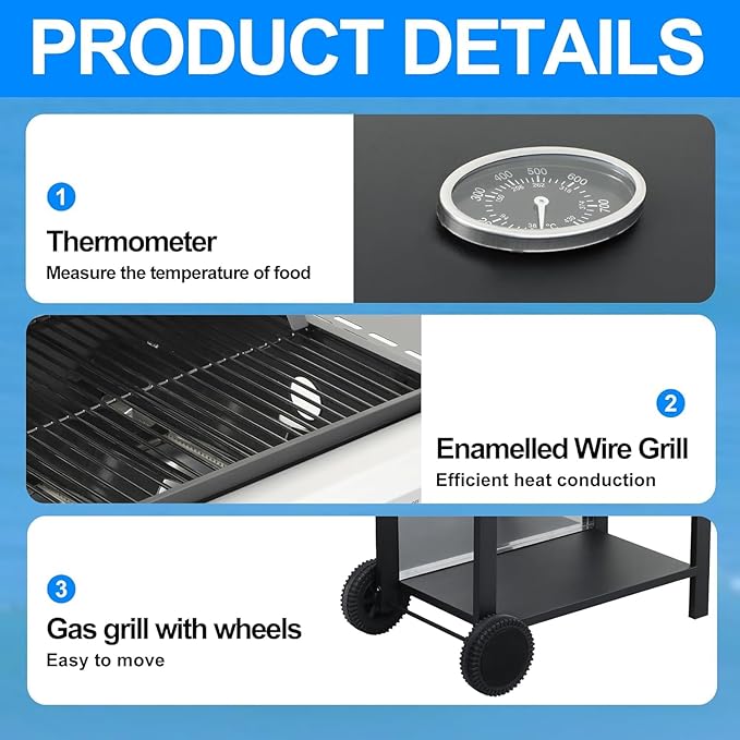 3 Burner Propane Gas Grill, Stainless Steel BBQ Grill, 2 Enameled Cast Iron Grill Grates, Portable with Wheels, 25,950 BTU, Outdoor Barbecue Grills