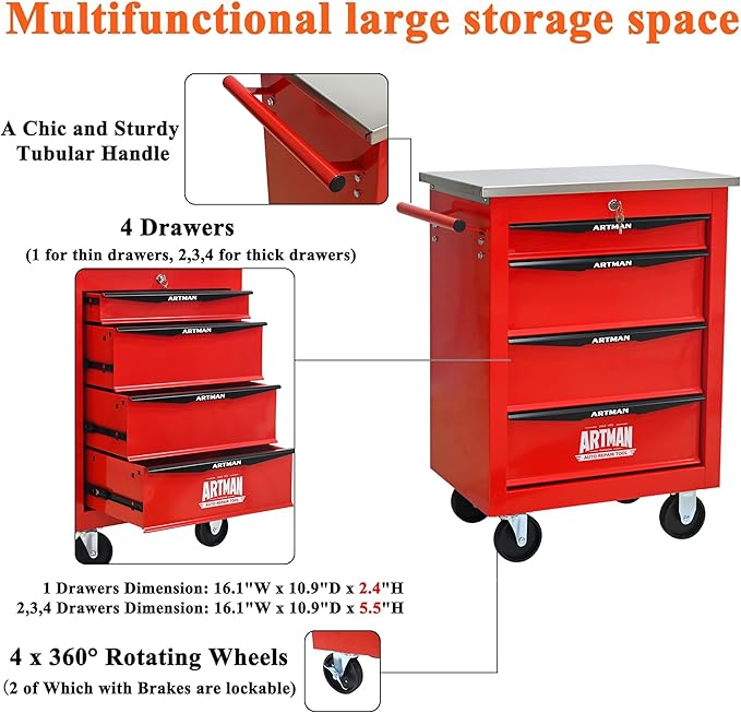 4 Drawers Rolling Tool Box on Wheels, Multifunctional Tool Cart, Drawers Rolling Trolley Organizer Tool Storage Chest for Garage,Workshop,DIY Multiple Interconnectable(4 Drawers-30.5" H)