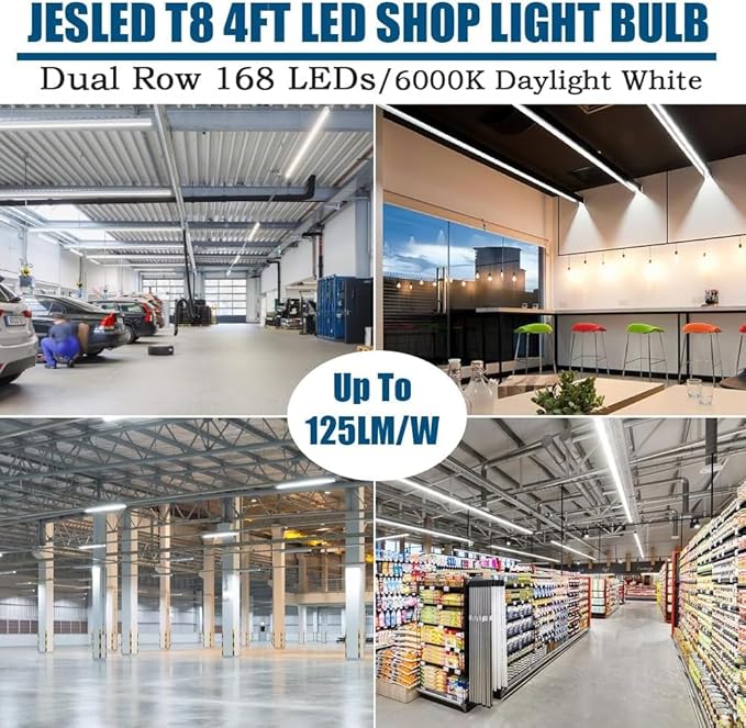 JESLED T8 LED 4FT Type A+B Light Bulbs, 24W(65W Equivalent), 3000LM, 6000K Super Bright, Plug and Play or Ballast Bypass, 4 Foot LED Fluorescent Tube Replacement, ETL Listed, Dual-Ended, Clear 16-Pack