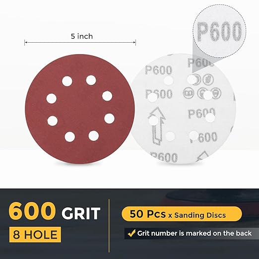 HARFINGTON 50 Pcs 5 Inch Sanding Discs, 600 Grit Hook and Loop Sandpaper, 8-Hole Aluminum Oxide Orbital Sander Sandpaper for Woodworking Automotive Metal Polishing, Red