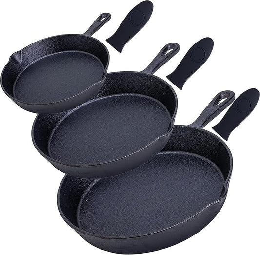 Bruntmor 6, 7.5, 10 Inches Black Pre-Seasoned Cast Iron Frying Pan Set of 3, Oven Safe Cast Iron Skillet, Cast Iron Grill Pan Set, Nonstick Cookware and Bakeware for Casserole Dish