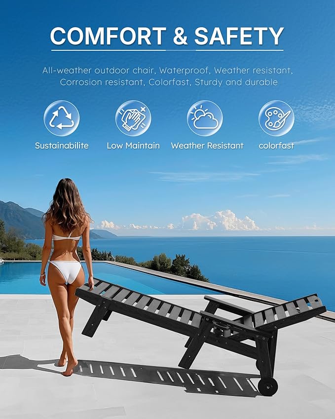 Chaise Lounge Chair Outdoor with Wheels, Oversize Patio Lounge Chairs with Wood Texture, 5-Position Plastic Lounge Chairs Set of 2-Black(Separate Delivery)
