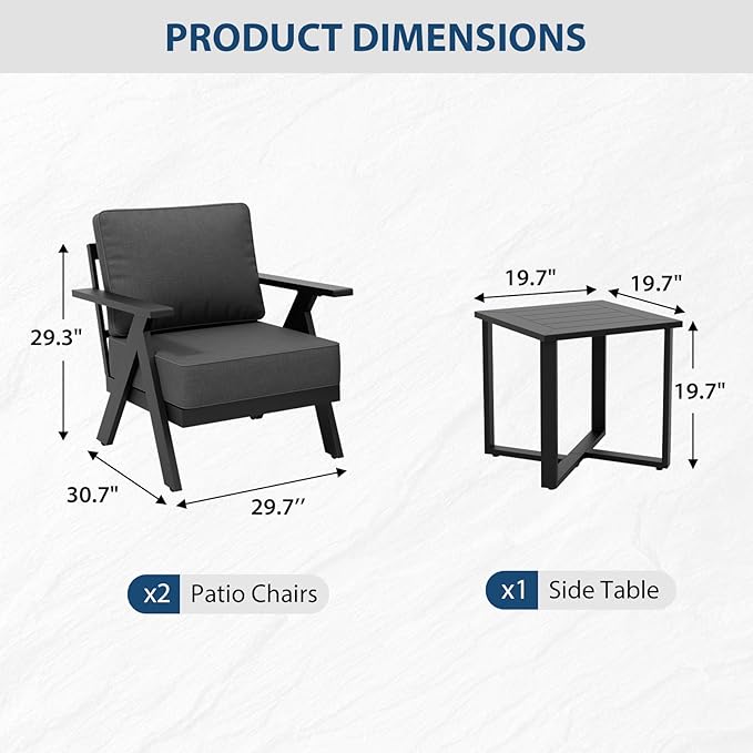 COOS BAY Iron Luxe Modern 3 Piece Outdoor Bistro Set, Patio Chairs and Side Table, Outdoor Seating Set for Balcony, Deck, Porch, or Garden, Black/Gray
