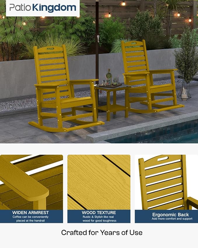 Yellow Outdoor Rocking Chairs Set of 2 with Footrest, Side Table & Beige 9FT Patio Umbrella, HDPE Rocking Lawn Chair for Garden, Poolside, Deck, Weatherproof Porch Rocker