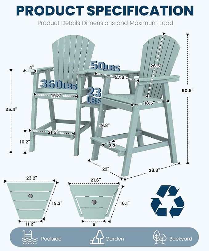 FOOWIN Tall Adirondack Chair Set of 4, All Weather HDPE Bar Height Adirondack Chair with Double Connecting Trays, Adirondack Barstools for Balcony, Deck, Backyard, Patio, Garden Aruban Blue