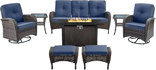 Belord 8 Piece Patio Furniture Set with 50000 BTU Propane Fire Pit Table, Outdoor Conversation Set with 2 Swivel Rocker Chairs Wicker Sofa and Ottomans for Casual Gatherings