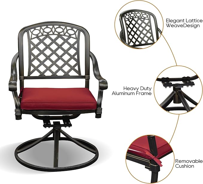2 Piece Cast Aluminum Outdoor Swivel Dining Chairs, All-Weather Patio Swivel Rocker Chair Sets with Cushion for Garden, Backyard, Poolside, Bistro (Red, 2 Pieces)