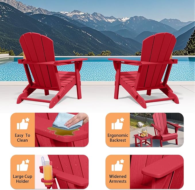 Folding Adirondack Chair, HDPE All-Weather Patio Chairs for Outdoor, Patio, Lawn, Garden, Backyard Deck, Fire Pit - Red