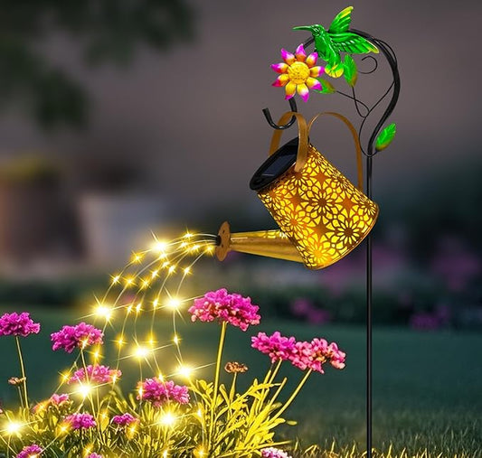 Solar Metal Watering Can with Hummingbrid Shepherd Hook and Cascading Lights - Outdoor Solar Lantern for Garden, Yard, Patio Decor and Gardening Gifts for Women Mother's Day
