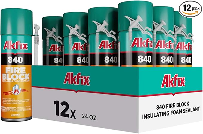 Akfix 840 Fire Block Spray Foam (12x12 Oz.)- Orange Color Fire Retardant Polyurethane Expanding Foam for Gap Filling, Insulation and Sealing on Window and Door, Fire Rated, Paintable | 12 Oz. 12 Pack